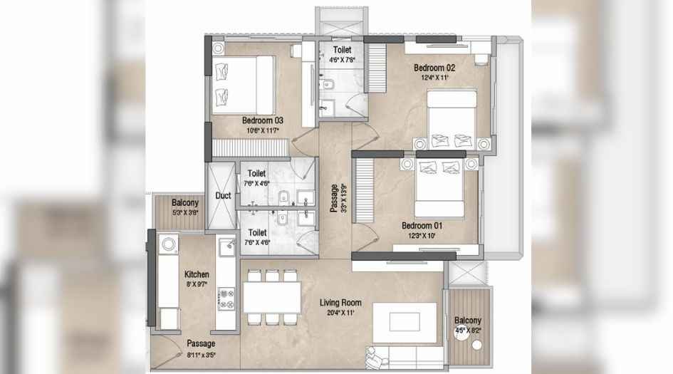 Vascon-One-54-Floor-Plan-3 BHK- 967 Sqft-A wing (2)